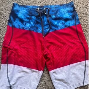 Joe Boxer Board‎ Shorts Mens 32 Red White Blue Tie Dye Surf